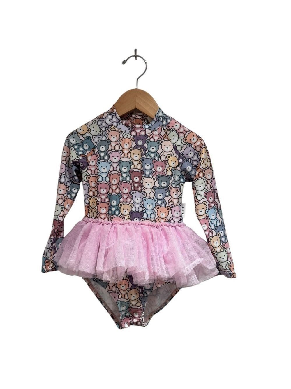 Huxbaby Multicolor Bear Print Rashguard Swimsuit with Pink Tutu - size 3